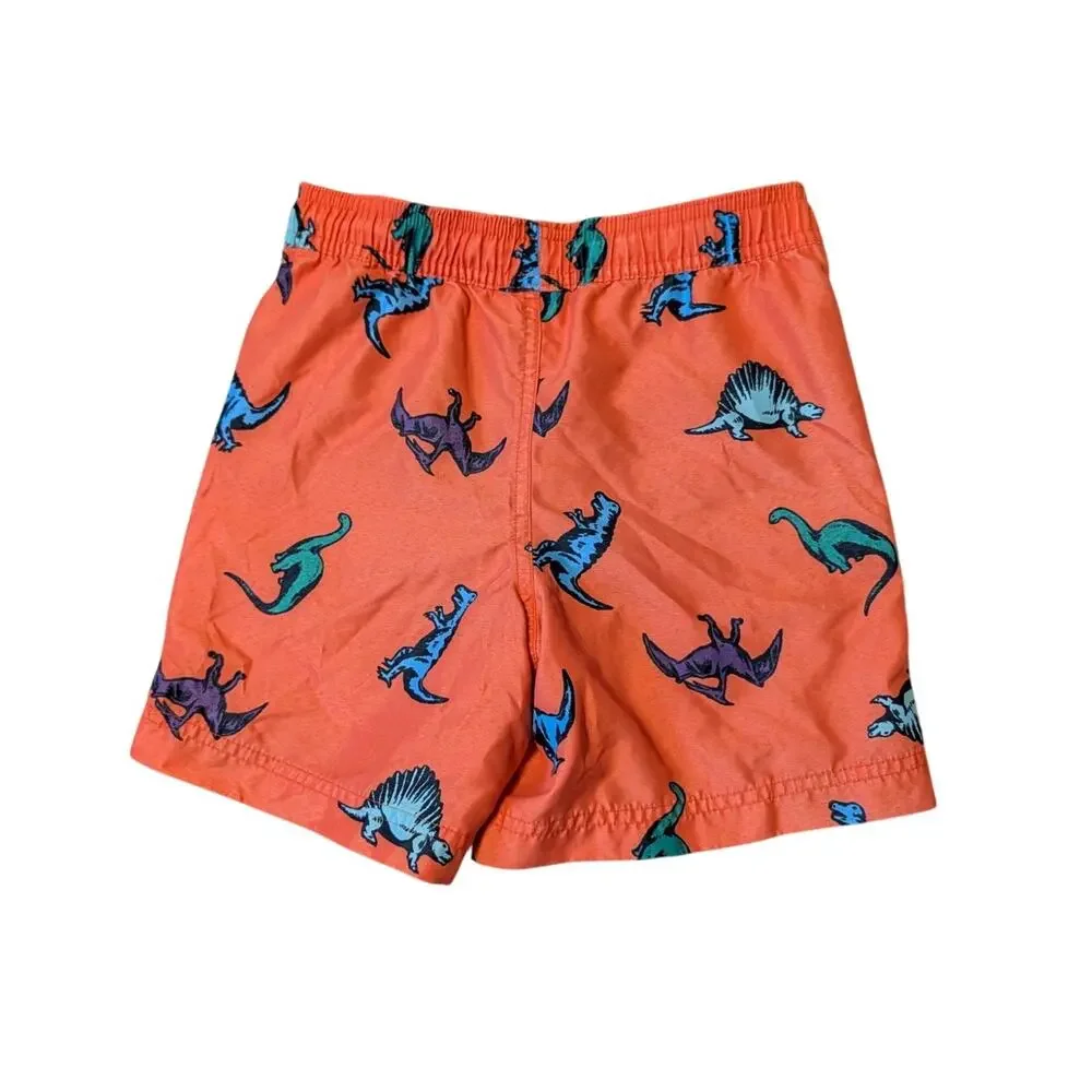 Hanna Andersson Boys Orange Dinosaur Print Swim Trunks Mesh Lined Shorts Size 5